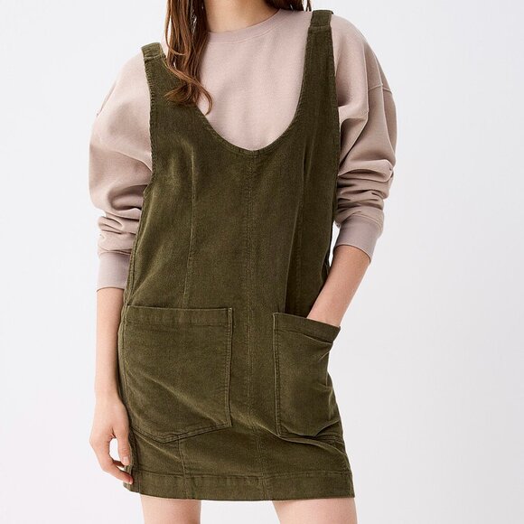 Patch pocket corduroy apron dress khaki olive green - Picture 1 of 3